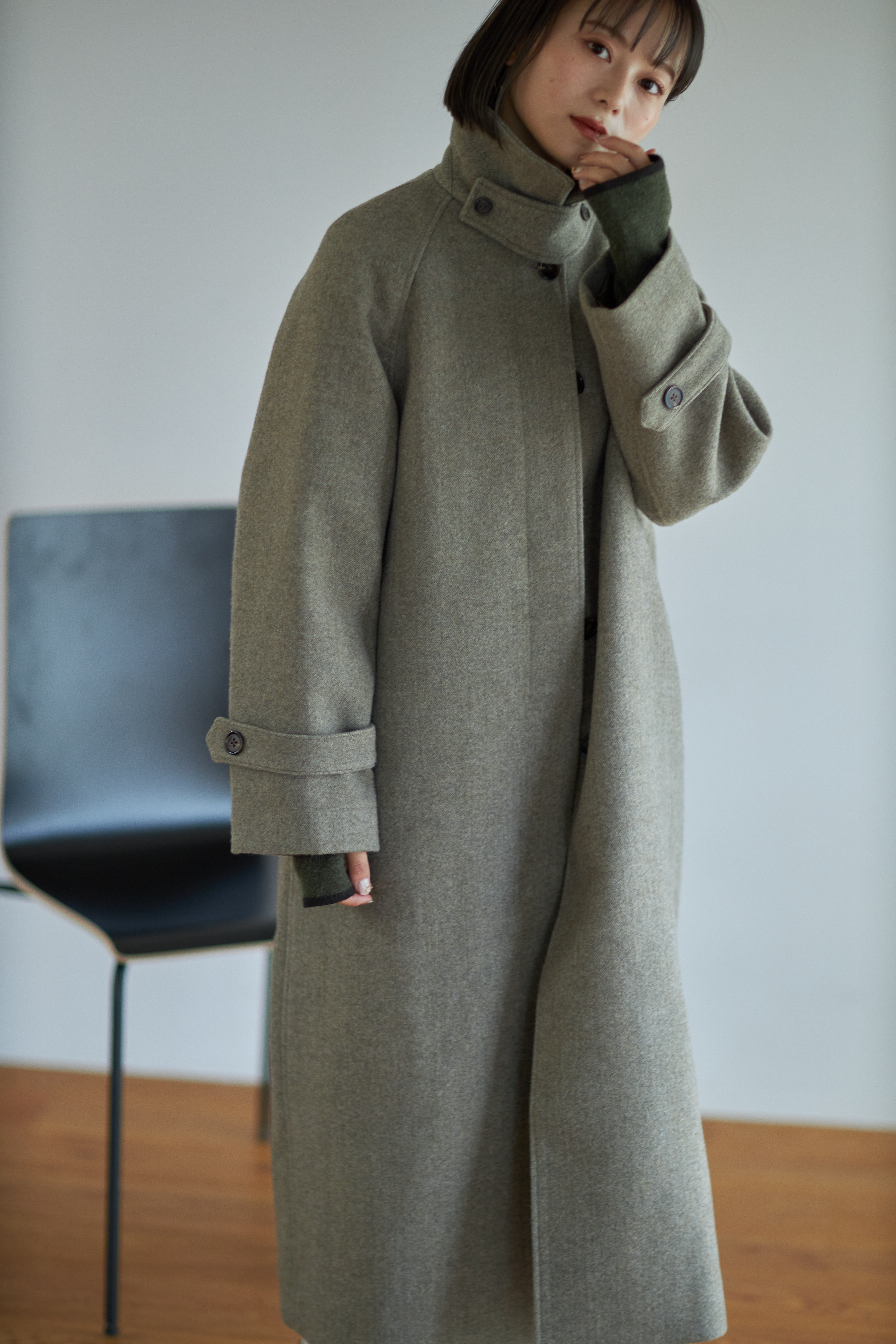 stand collar wool - ロングコート